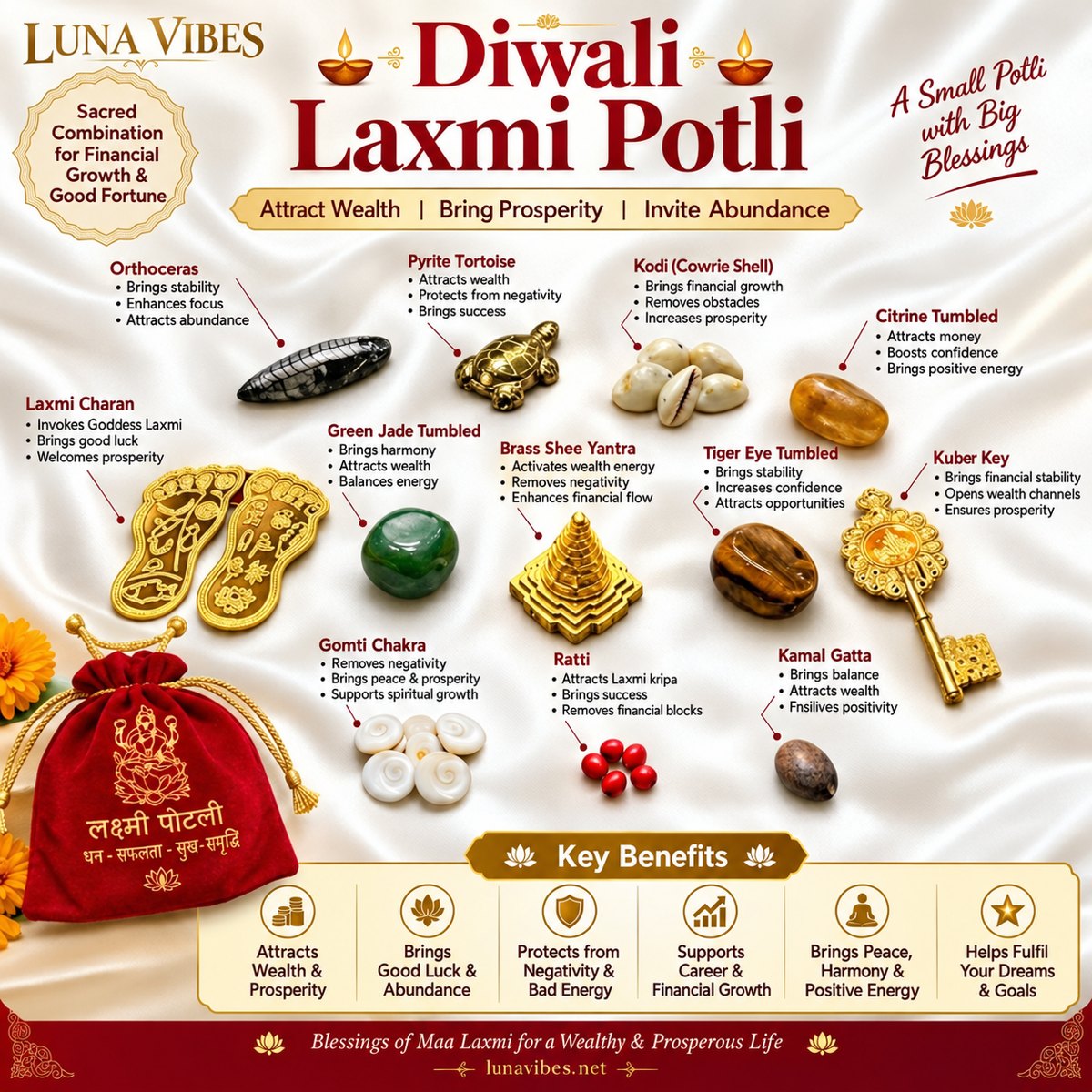 Diwali Laxmi Potli, Small — red velvet Lakshmi potli shown with orthoceras, pyrite tortoise, cowrie shells, citrine, Laxmi charan, green jade, brass Shree Yantra, tiger eye, Kuber key, gomti chakra, ratti and kamal gatta