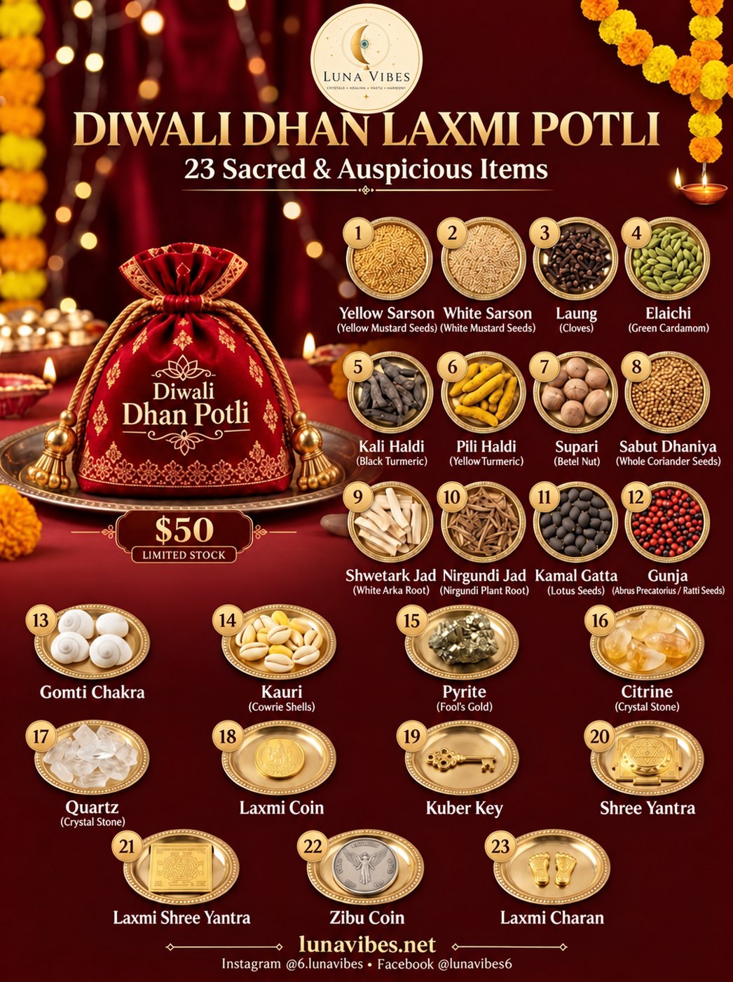 Diwali Dhan Laxmi Potli, Large — red velvet potli with 23 sacred items, including yellow and white sarson, cloves, cardamom, gomti chakra, cowrie shells, pyrite, citrine, quartz, Laxmi coin, Kuber key, Shree Yantra and Laxmi charan