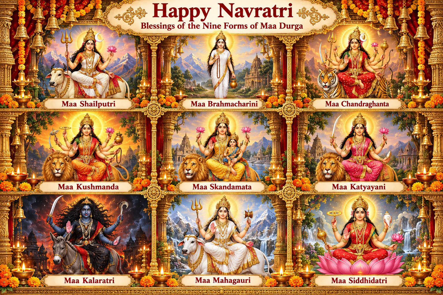 The nine forms of Maa Durga — Shailputri, Brahmacharini, Chandraghanta, Kushmanda, Skandamata, Katyayani, Kalaratri, Mahagauri and Siddhidatri — in a golden temple with diyas and marigolds
