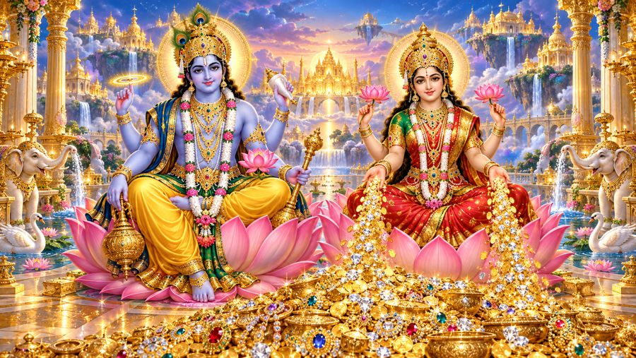 Lakshmi Narayan beneath a glowing temple, with royal elephants, swans and lotus pools.