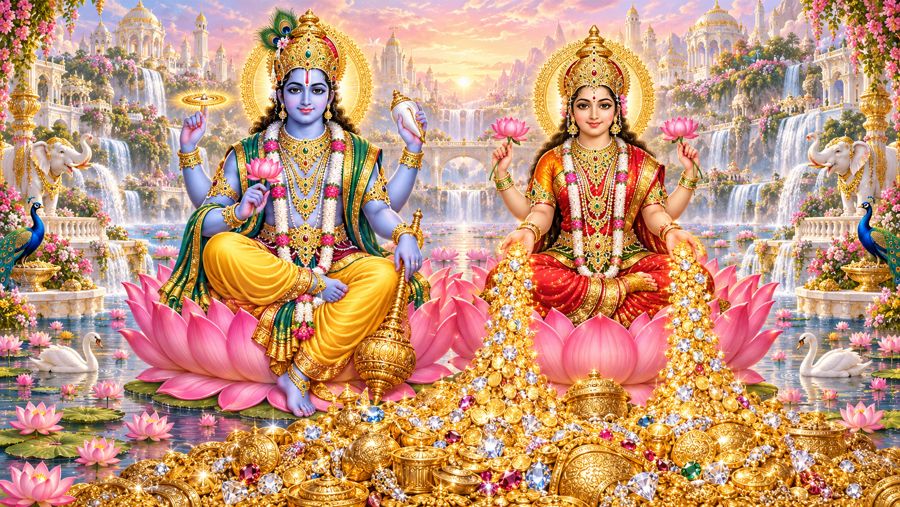 Lakshmi Narayan on a lotus lake at sunrise, surrounded by waterfalls, peacocks and blessings.
