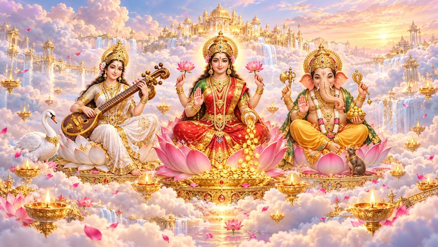 Saraswati Maa, Lakshmi Maa and Ganesha ji on lotus thrones above the clouds, with diyas, rose petals and a golden palace.
