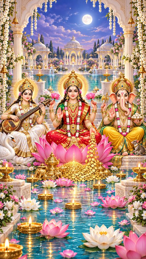 Saraswati Maa, Lakshmi Maa and Ganesha ji under a full moon, floating diyas on a lotus pool.